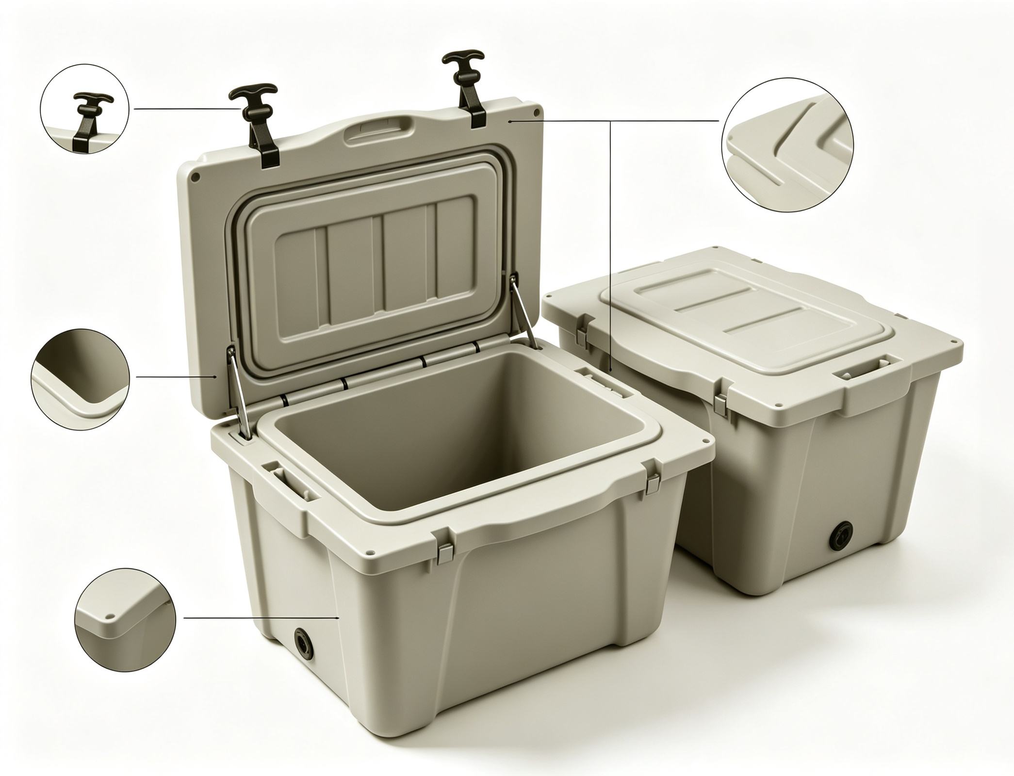 Rotomolded cooler box with T‑latches