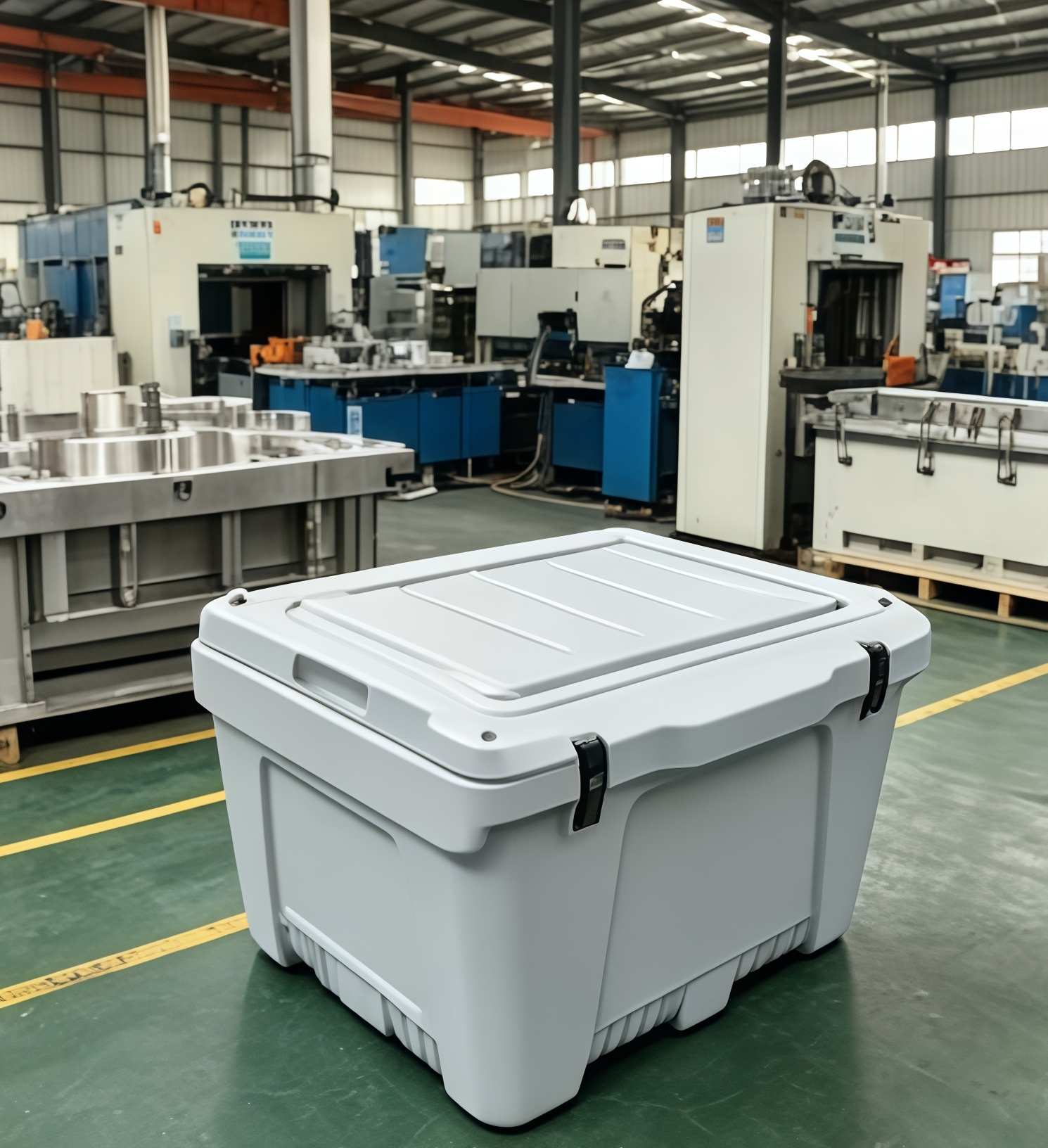 Rotomolded dry ice cooler boxes stacked in factory warehouse