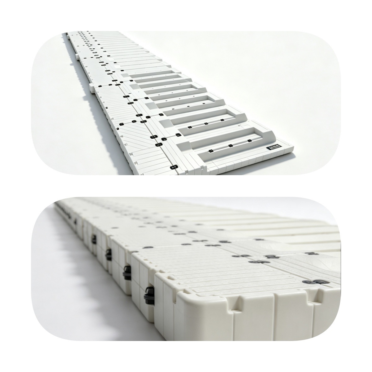 Modular Floating Pontoon Dock Overview & Corner Detail Rotomolded HDPE floating pontoon dock, panoramic view and corner structural details