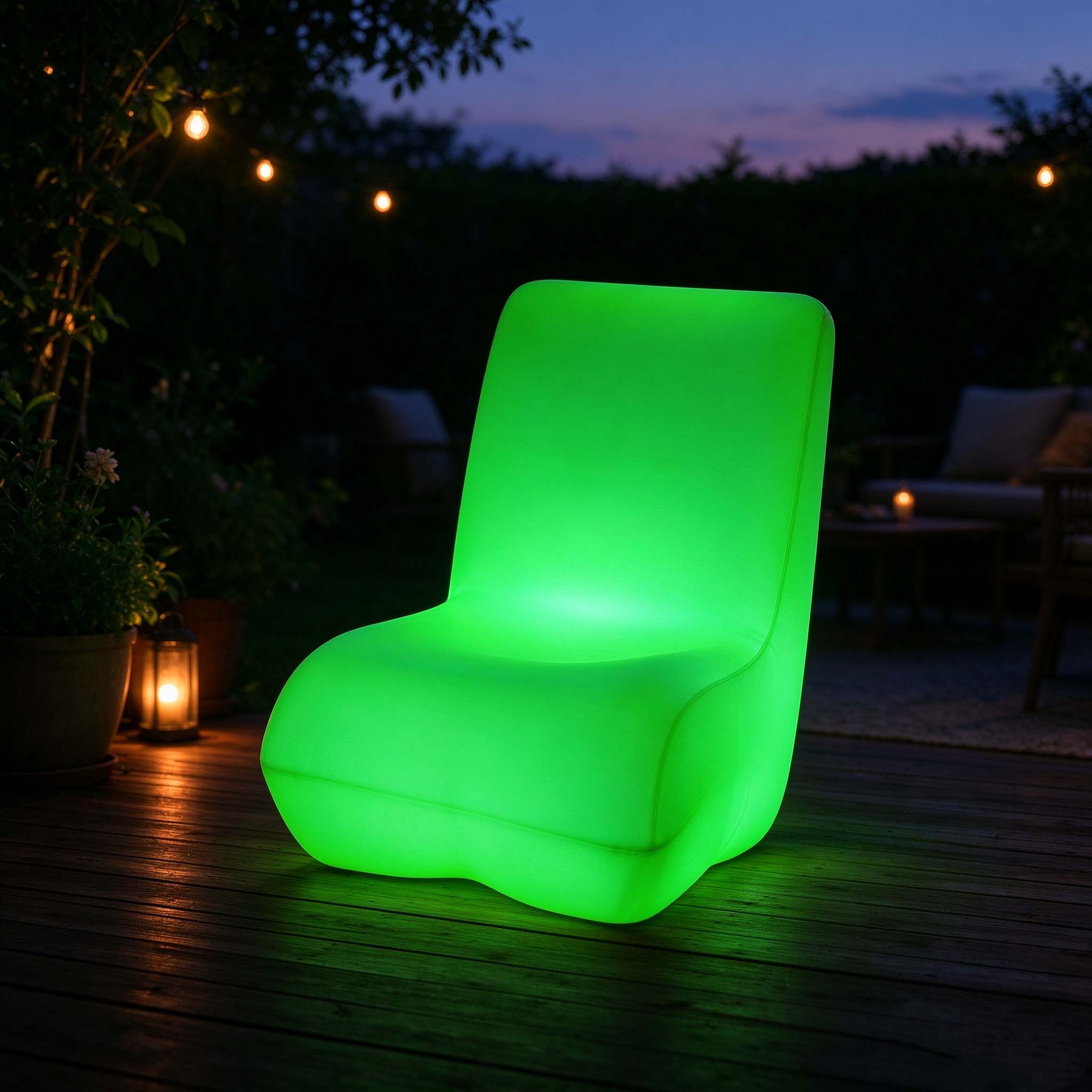 Green LED Lounge Chair in Patio and Poolside Settings Same green LED rotomolded lounge chair shown in two settings: a warm outdoor patio with candles on the left and a night poolside with building lights on the right.