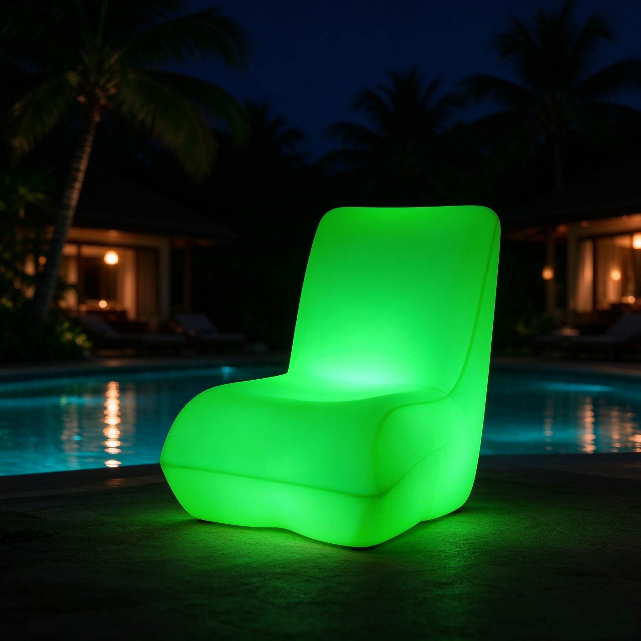 Green LED Lounge Chair at Night Poolside Green LED rotomolded lounge chair glowing by a night pool, with palm trees and a lit resort cabin in the background.
